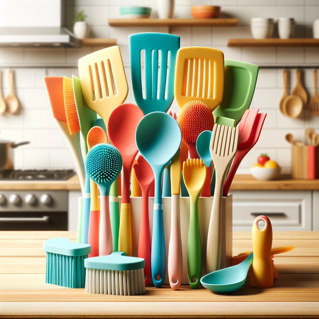 A collection of colorful silicone kitchen utensils, including spatulas, brushes, spoons, and ladles, displayed prominently on a light wooden counterto