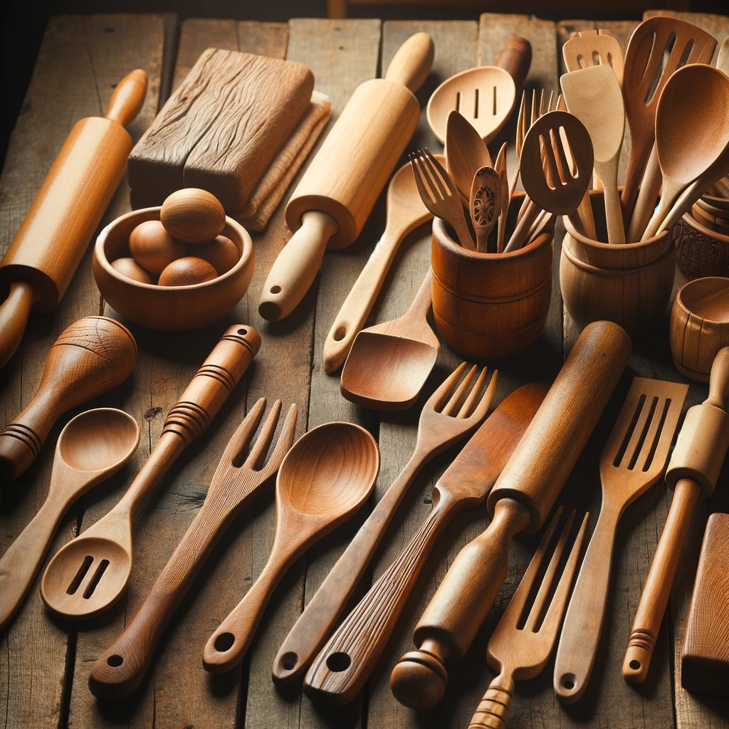 A rustic array of wooden kitchen utensils, including spoons, spatulas, forks, and rolling pins, organized on a vintage wooden table. 