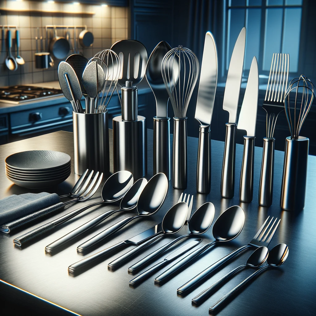 An array of stainless steel kitchen utensils, including spoons, forks, knives, spatulas, and whisks, neatly arranged on a sleek, modern kitchen counte