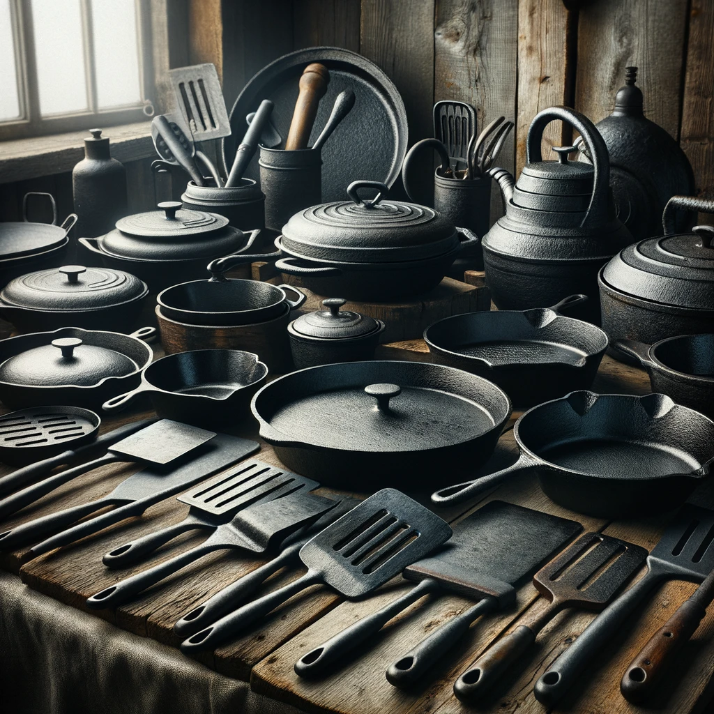 Collection of iron kitchen utensils, including cast iron skillets, pans, griddles, and spatulas, displayed on a sturdy, weathered wooden tabl