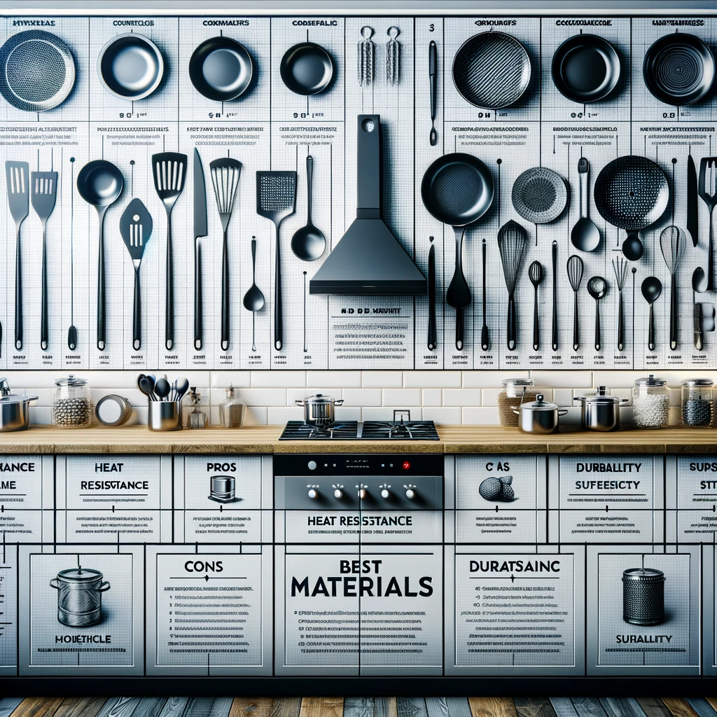 Interprets a comprehensive guide to the top materials for kitchen utensils, detailing their advantages, heat resistance, and suitability for cooking tasks in a modern kitchen setting.