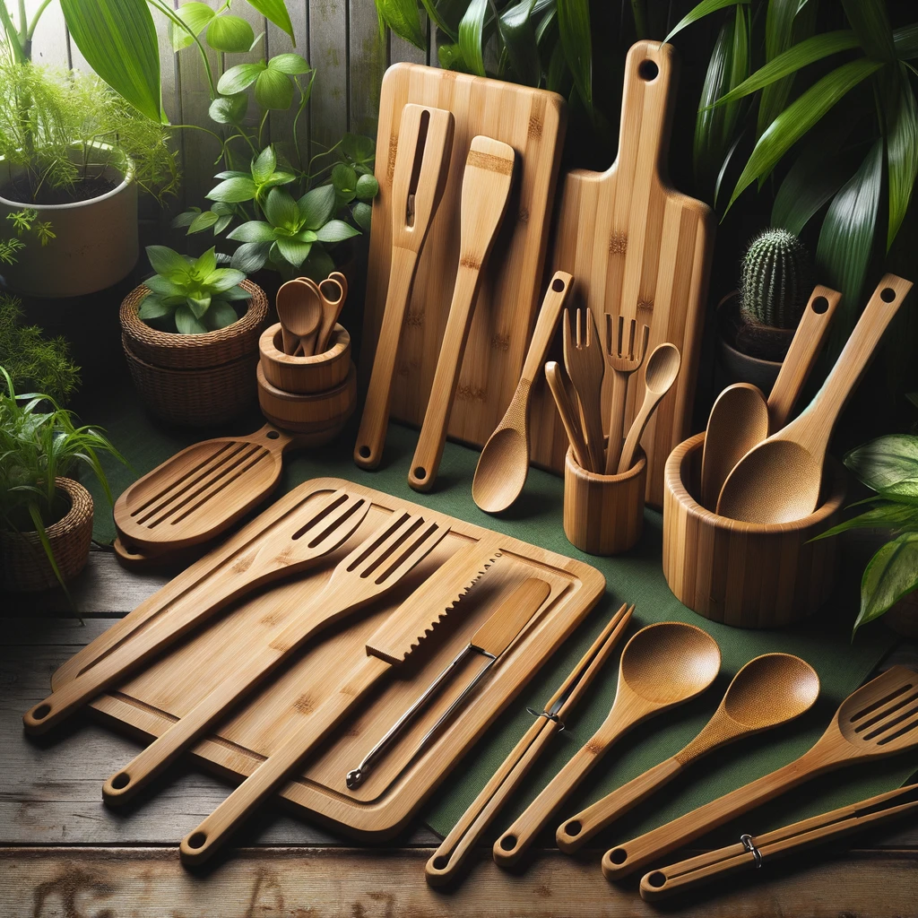 A collection of bamboo kitchen utensils, including cutting boards, spoons, tongs, and salad servers, displayed against a backdrop of lush green plants