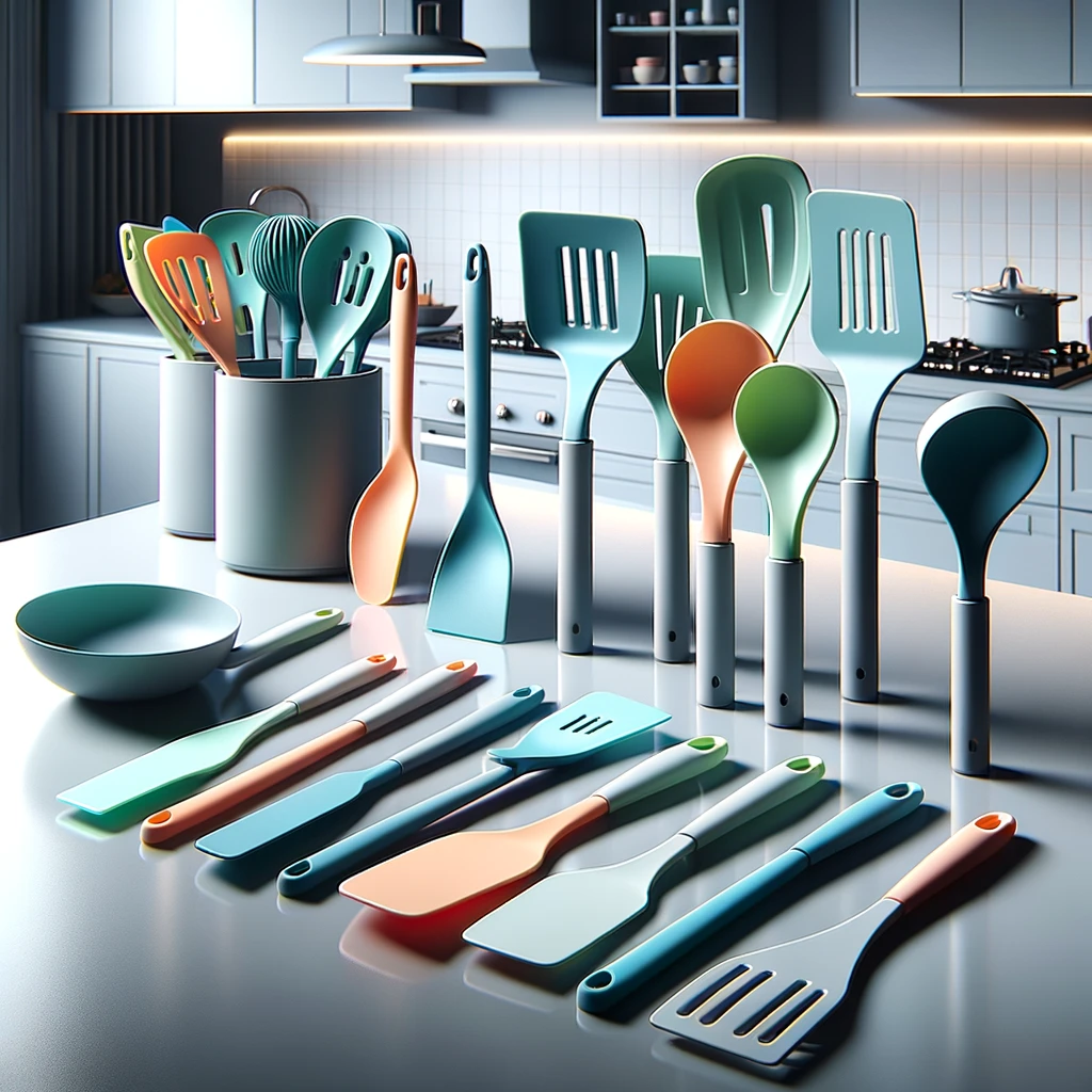 A modern set of nylon kitchen utensils, including spatulas, slotted spoons, ladles, and tongs, arranged neatly on a sleek, high-gloss white countertop