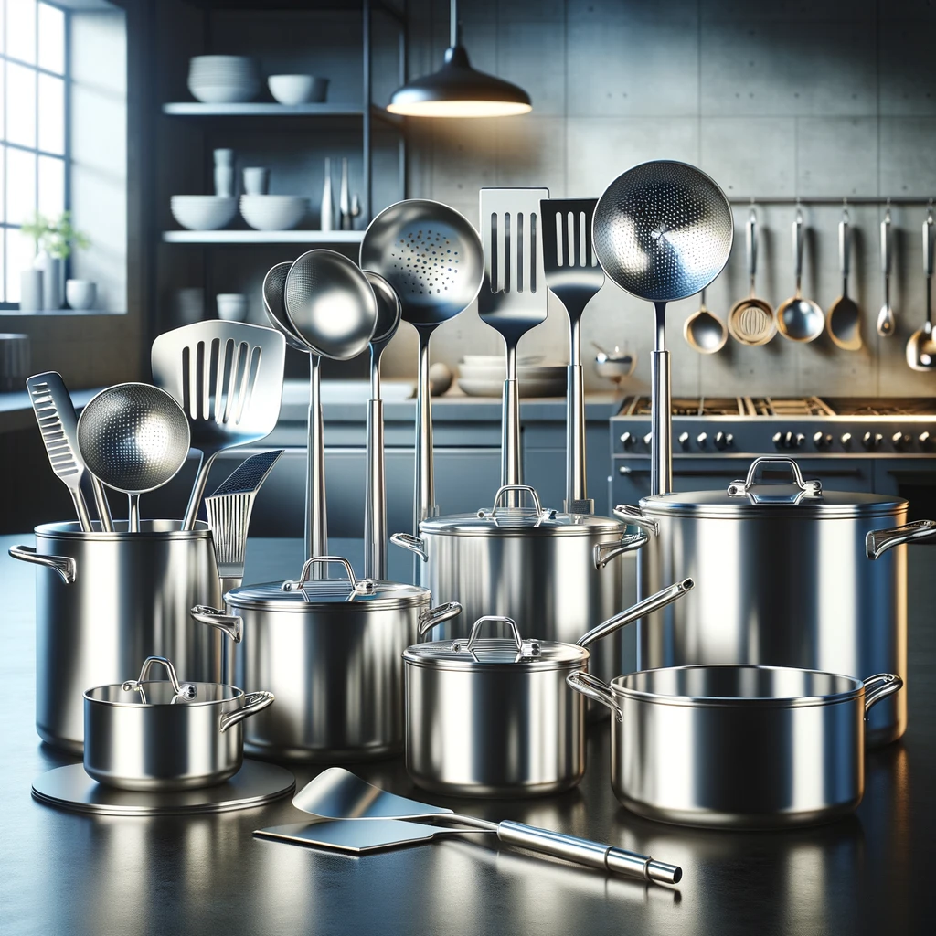 A sleek array of aluminum kitchen utensils, including ladles, spatulas, skimmers, and pots, displayed against a modern, industrial kitchen backdrop. T