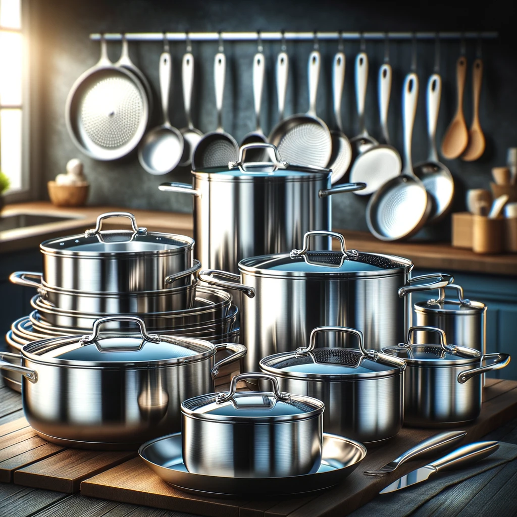 The image showcasing a set of high-quality stainless steel cookware, perfect for various cooking methods and kitchen settings.