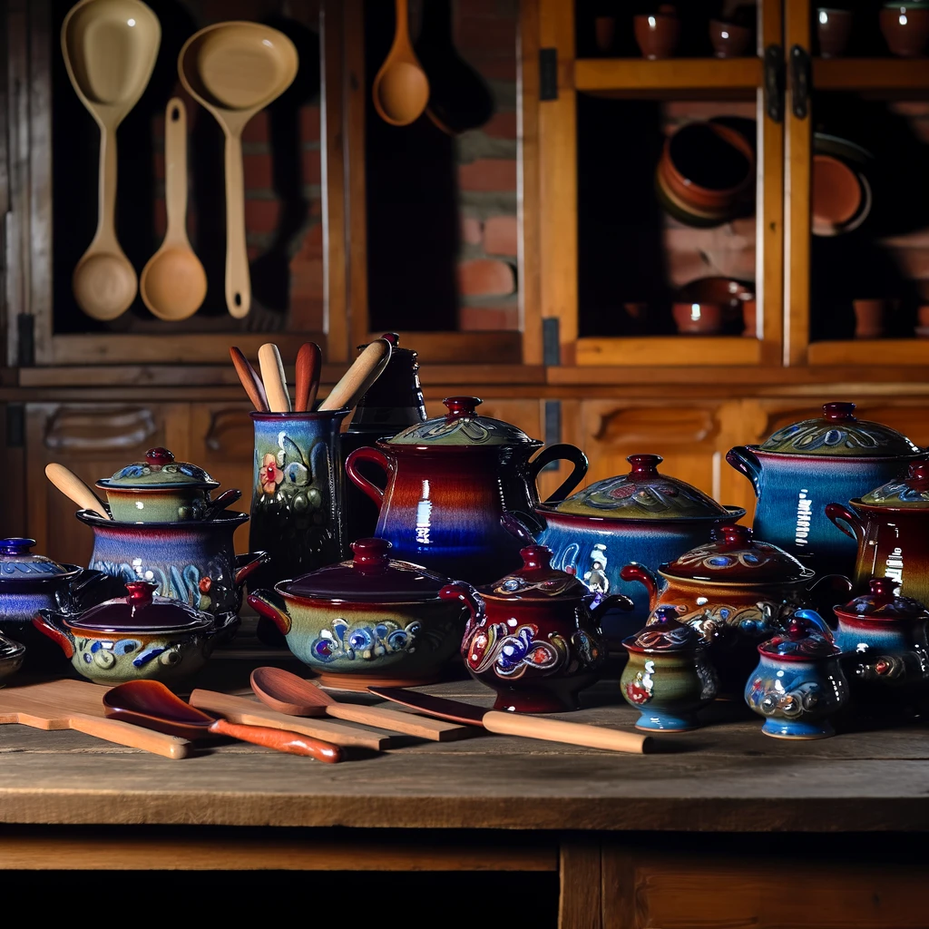 An exquisite collection of ceramic kitchen utensils, pots, and pans, artistically arranged on a classic wooden kitchen table. The ceramic pieces are a