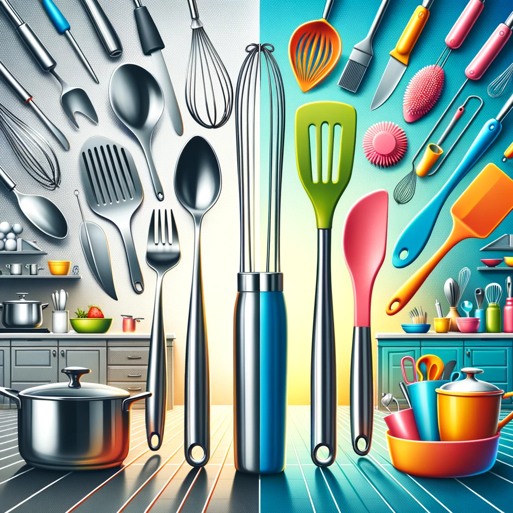 An illustrative comparison between stainless steel and silicone kitchen utensils. On the left side of the image, stainless steel utensils such as spoo