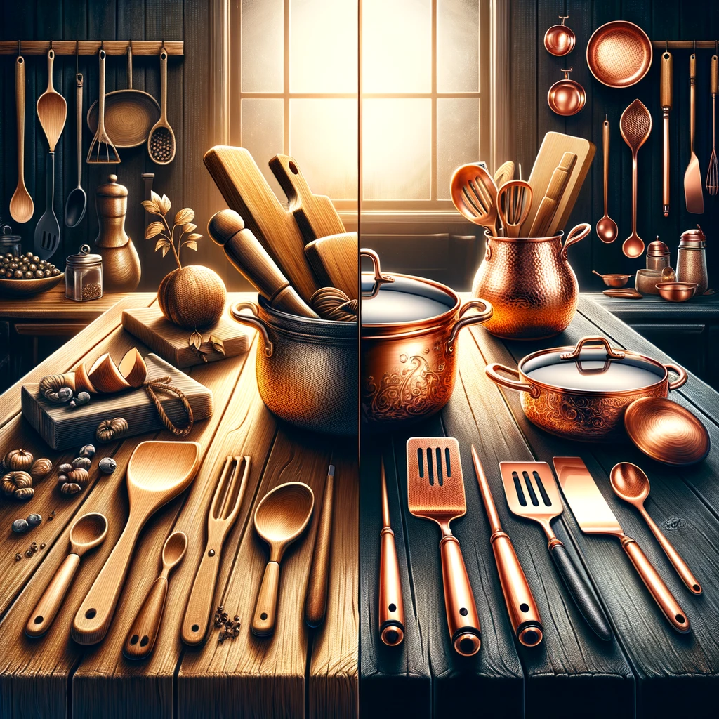 An illustrative comparison between wood and copper kitchen utensils. On the left side of the image, wooden utensils such as chopping boards, spoons, a