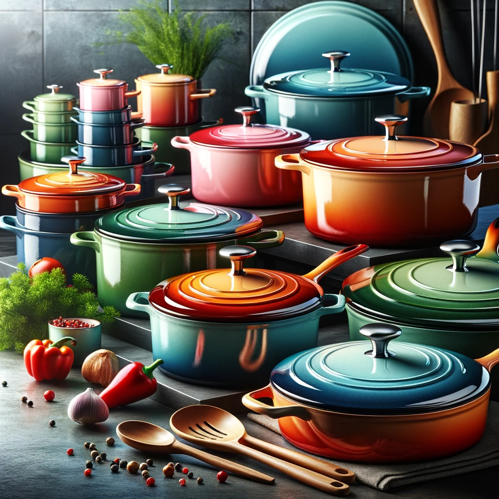 The image showcasing a set of enameled cast iron cookware, illustrating its combination of functionality and elegance.