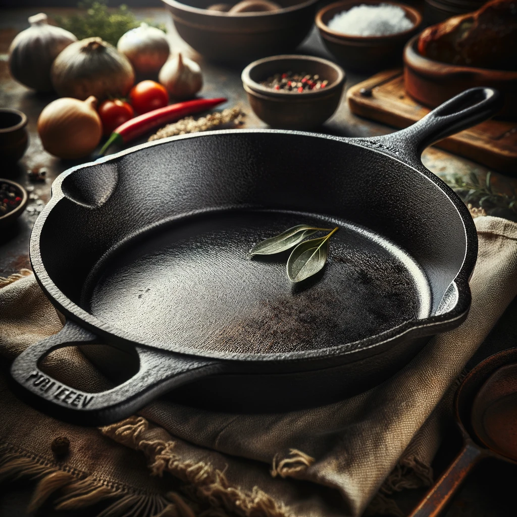 The image highlighting the features and benefits of a cast iron skillet in the kitchen.