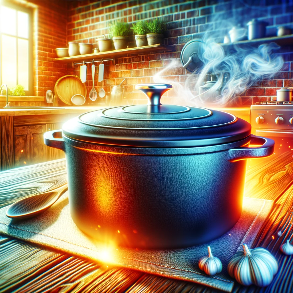 The image depicting the quality and versatility of an enameled cast iron Dutch oven, ideal for various cooking methods.