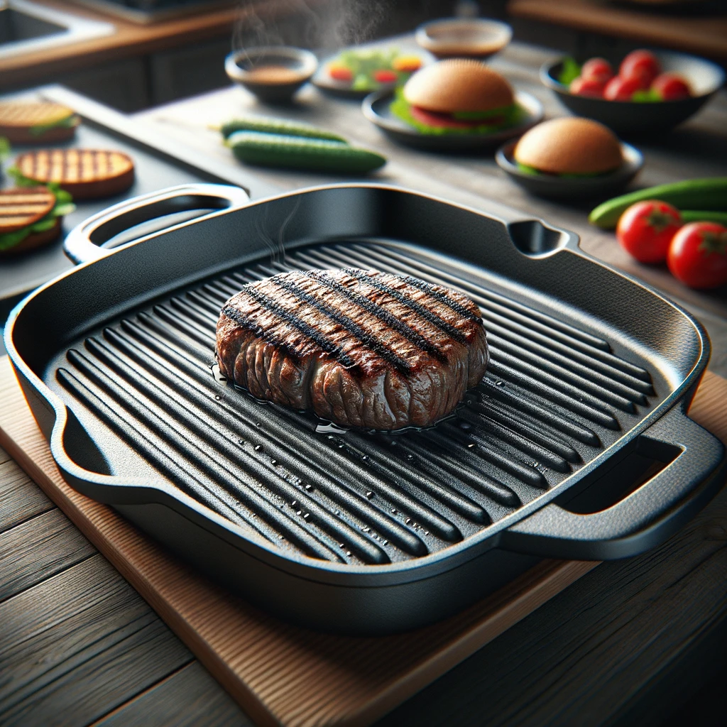 The image highlighting the features and benefits of a grill pan, perfect for creating those grill marks indoors.