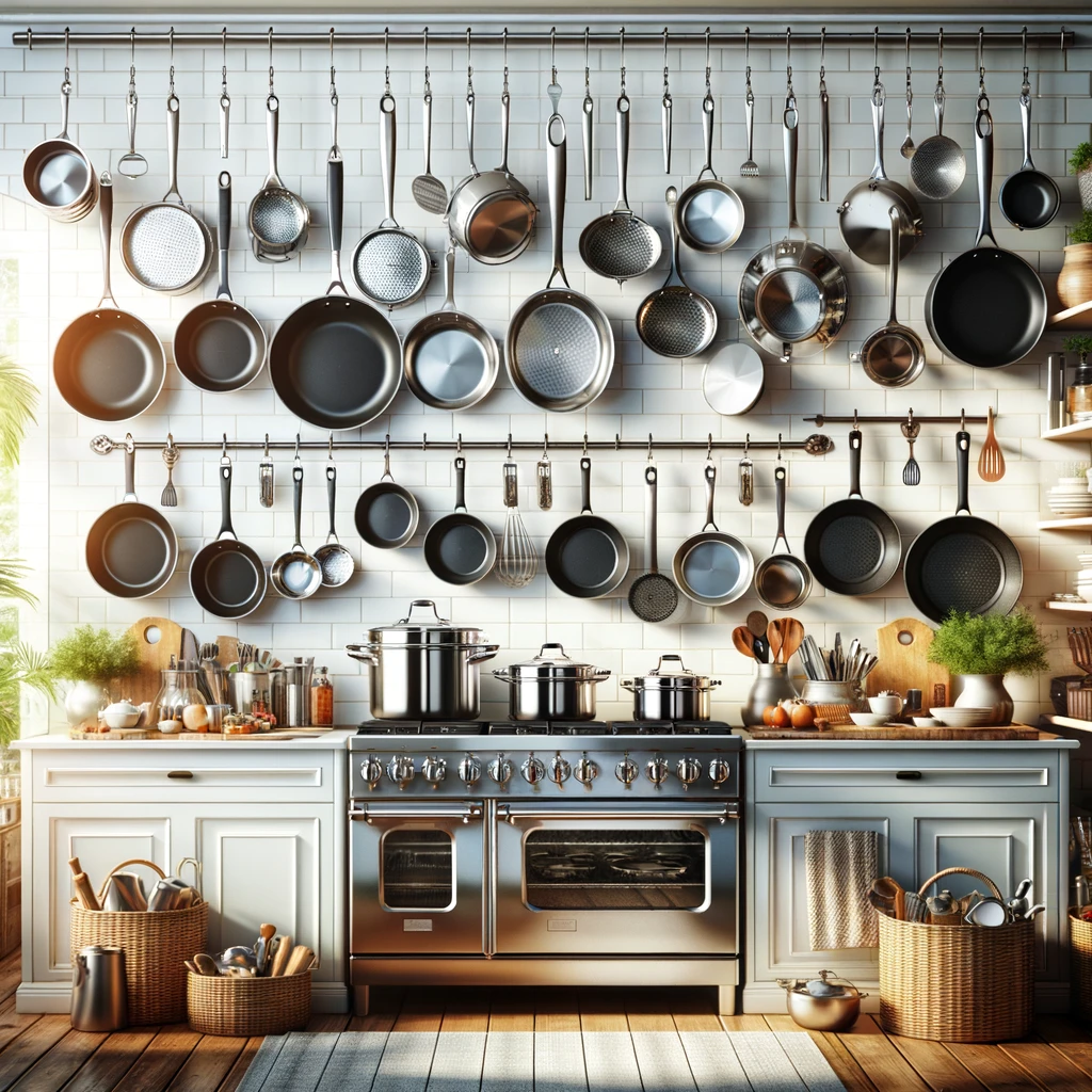 the essence of a well-equipped kitchen, showcasing the different types of pots and pans.