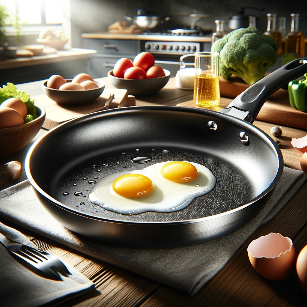 The image showcasing the convenience and essential features of a non-stick frying pan.