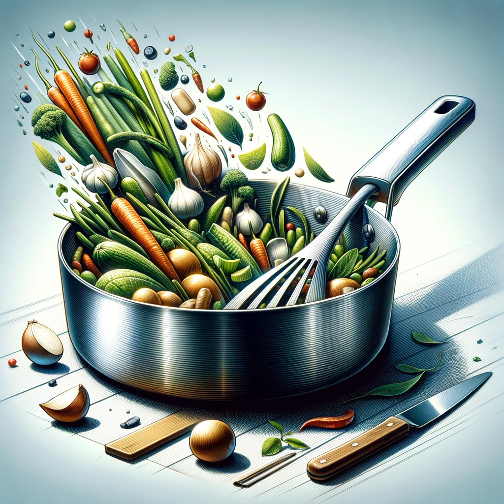 The image showcasing the features and versatility of a sauté pan, an essential tool for a variety of cooking tasks in the kitchen.