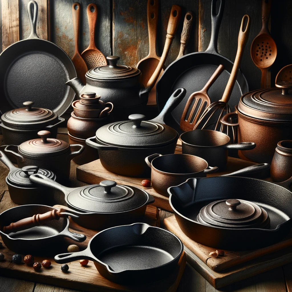 The image showcasing a collection of cast iron cookware, highlighting its durability and versatility for various cooking methods.