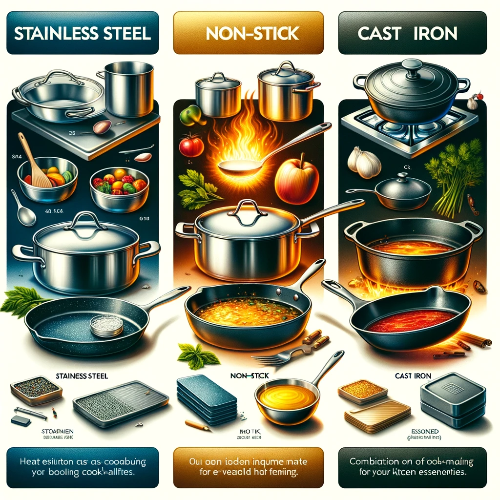 The image illustrating different cookware materials and their properties, helping to understand the best options based on cooking needs and preferences.